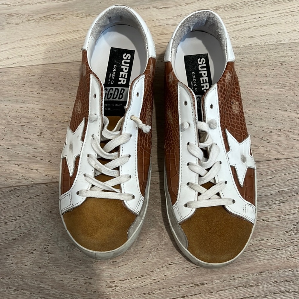 Tan/brown/white golden goose sneakers